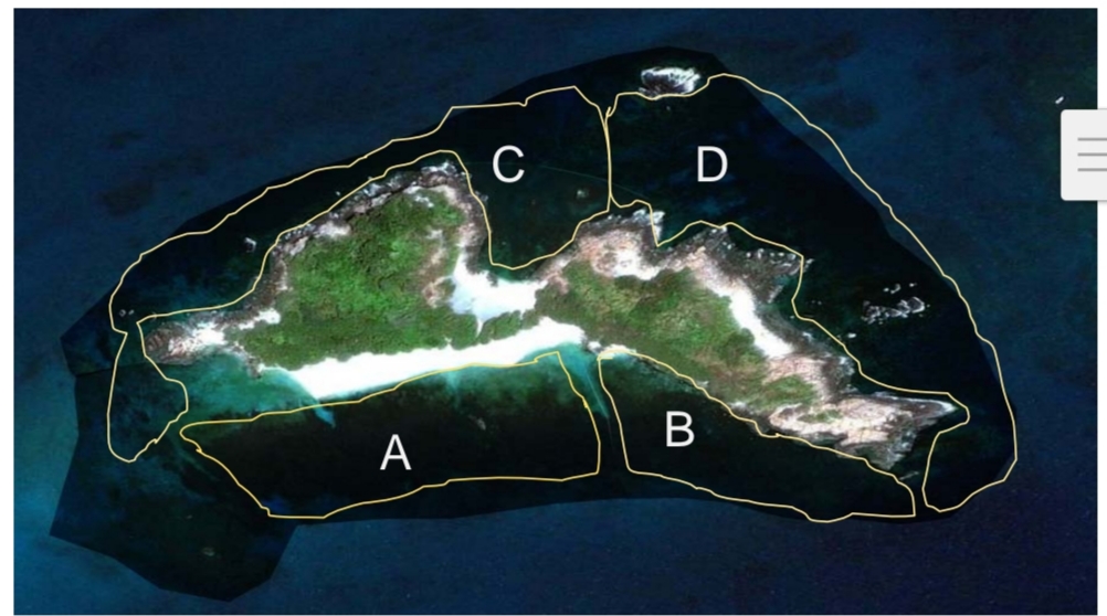 Satellite map of Pigeon Island National Park showing marine zones A, B, C and D around the island