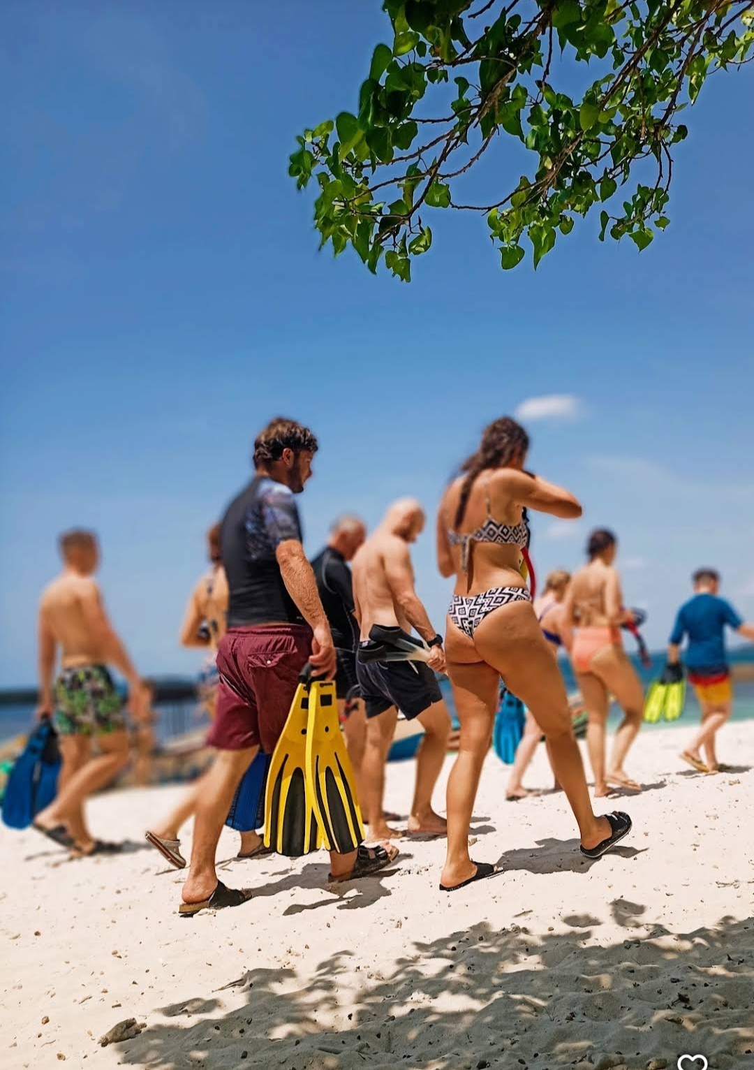 Snorkelers walking on the white sand beach of Pigeon Island National Park with fins and masks